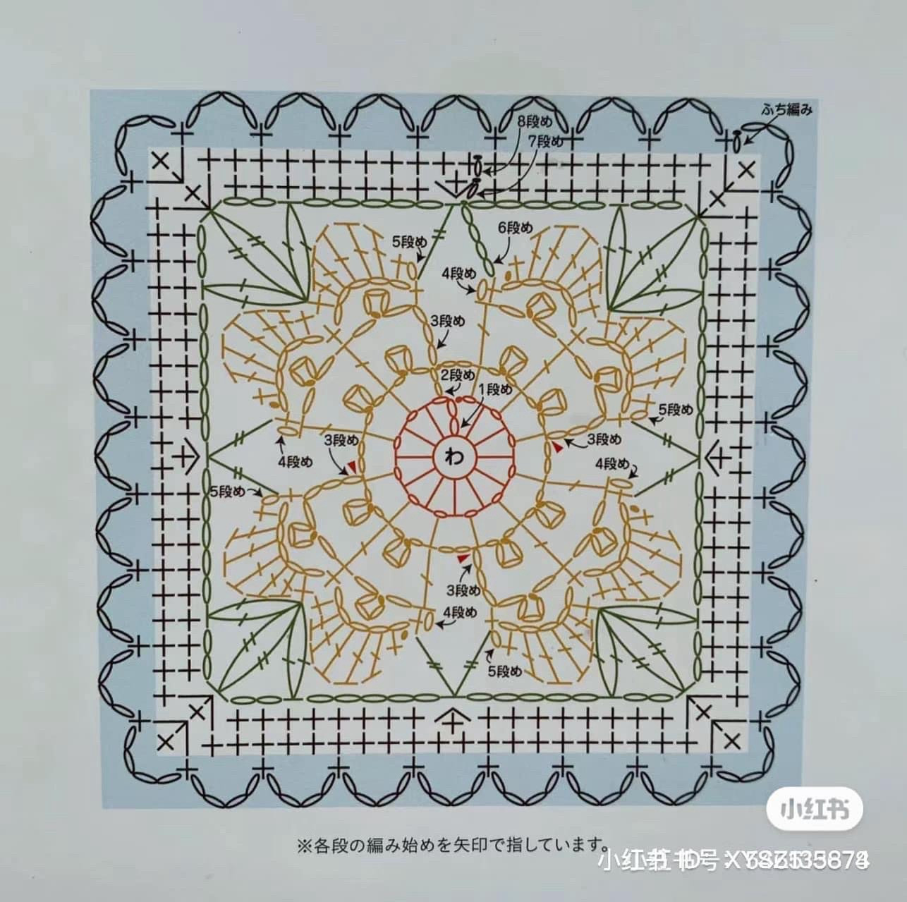 Crochet Granny Square Chart Pattern with Floral Designs and Detailed Instructions