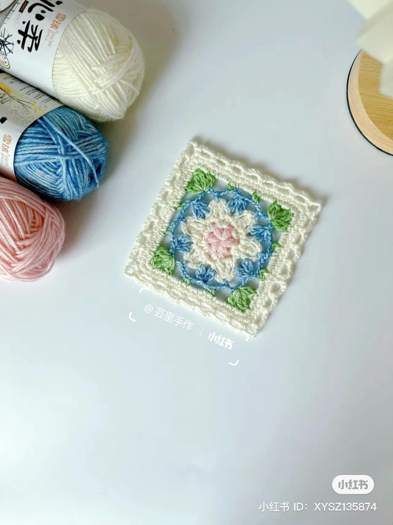 Crochet Granny Square Chart Pattern with Floral Designs and Detailed Instructions