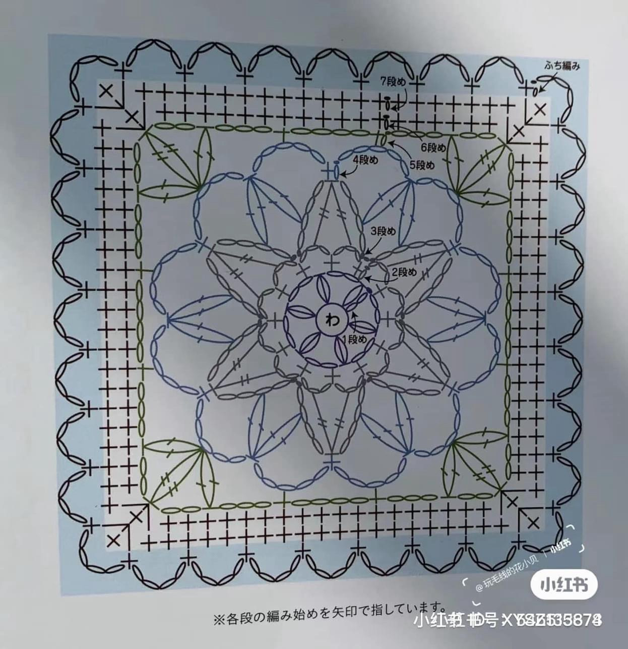 Crochet Granny Square Chart Pattern with Floral Designs and Detailed Instructions