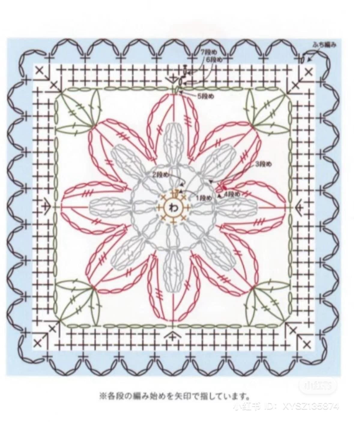 Crochet Granny Square Chart Pattern with Floral Designs and Detailed Instructions