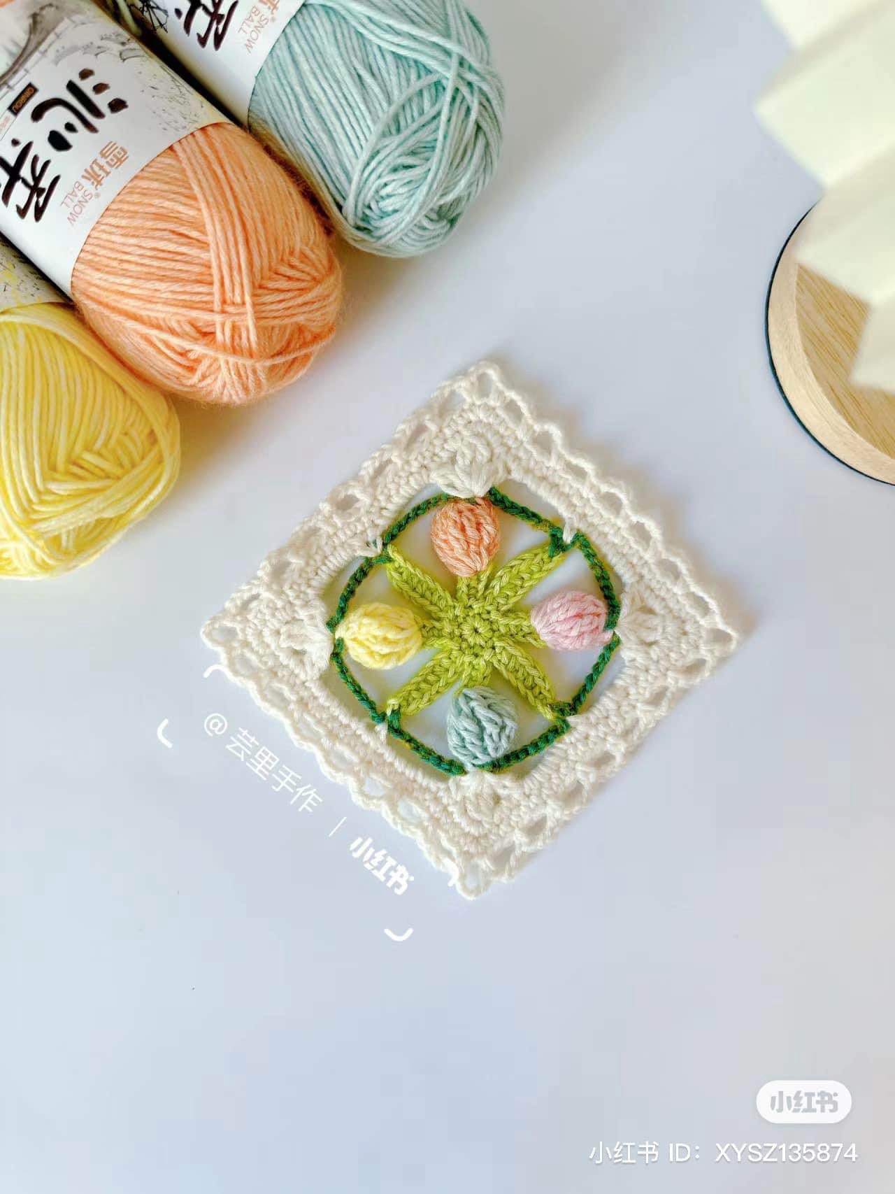 Crochet Granny Square Chart Pattern with Floral Designs and Detailed Instructions