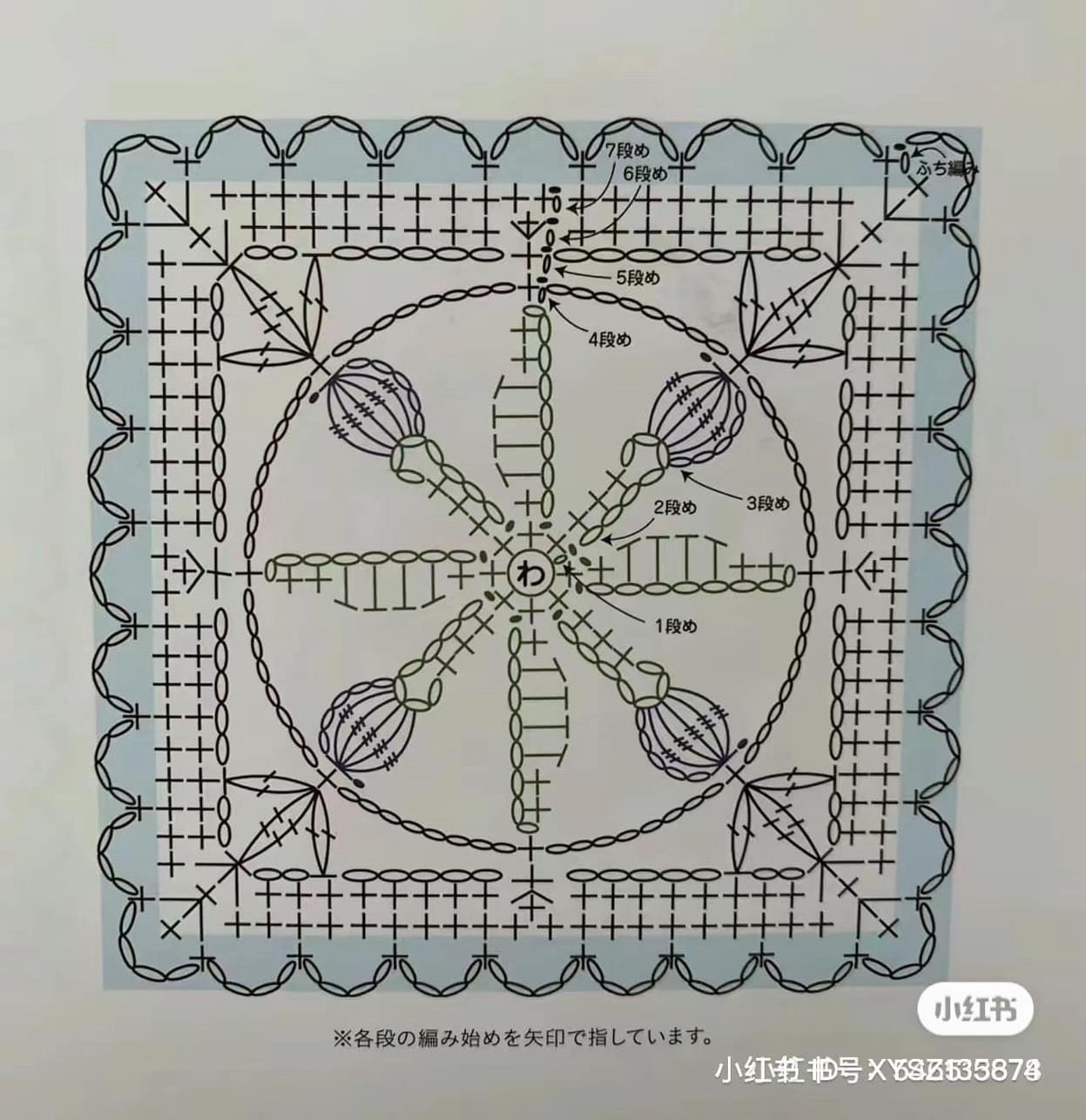 Crochet Granny Square Chart Pattern with Floral Designs and Detailed Instructions