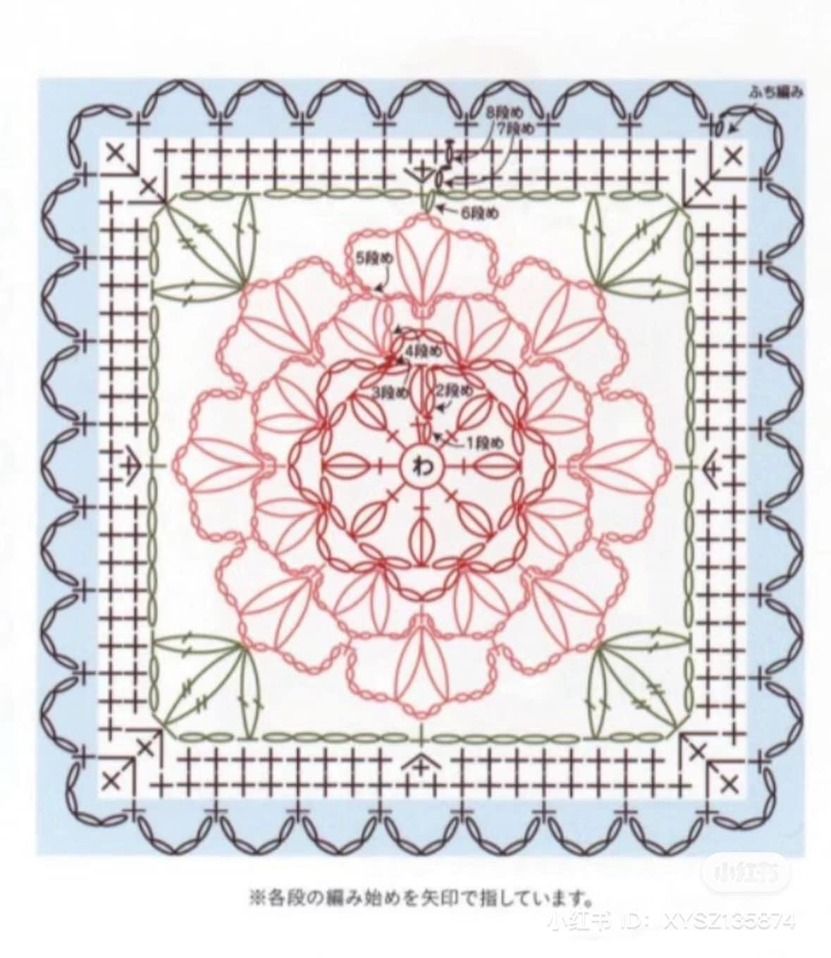 Crochet Granny Square Chart Pattern with Floral Designs and Detailed Instructions