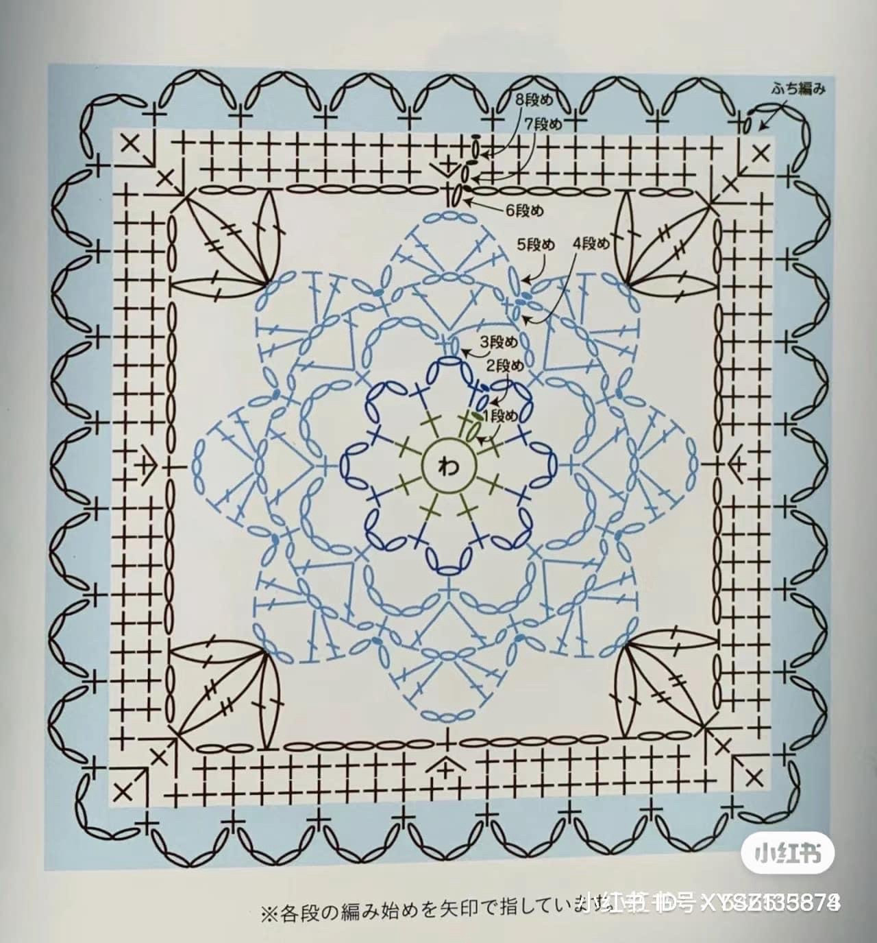 Crochet Granny Square Chart Pattern with Floral Designs and Detailed Instructions