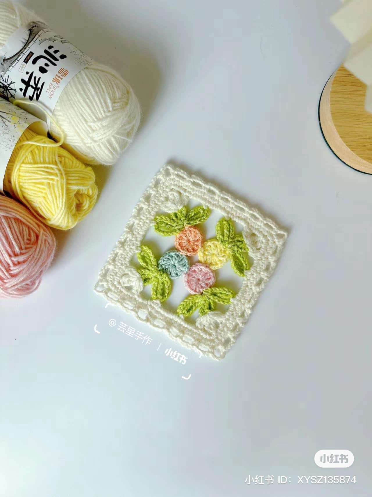 Crochet Granny Square Chart Pattern with Floral Designs and Detailed Instructions