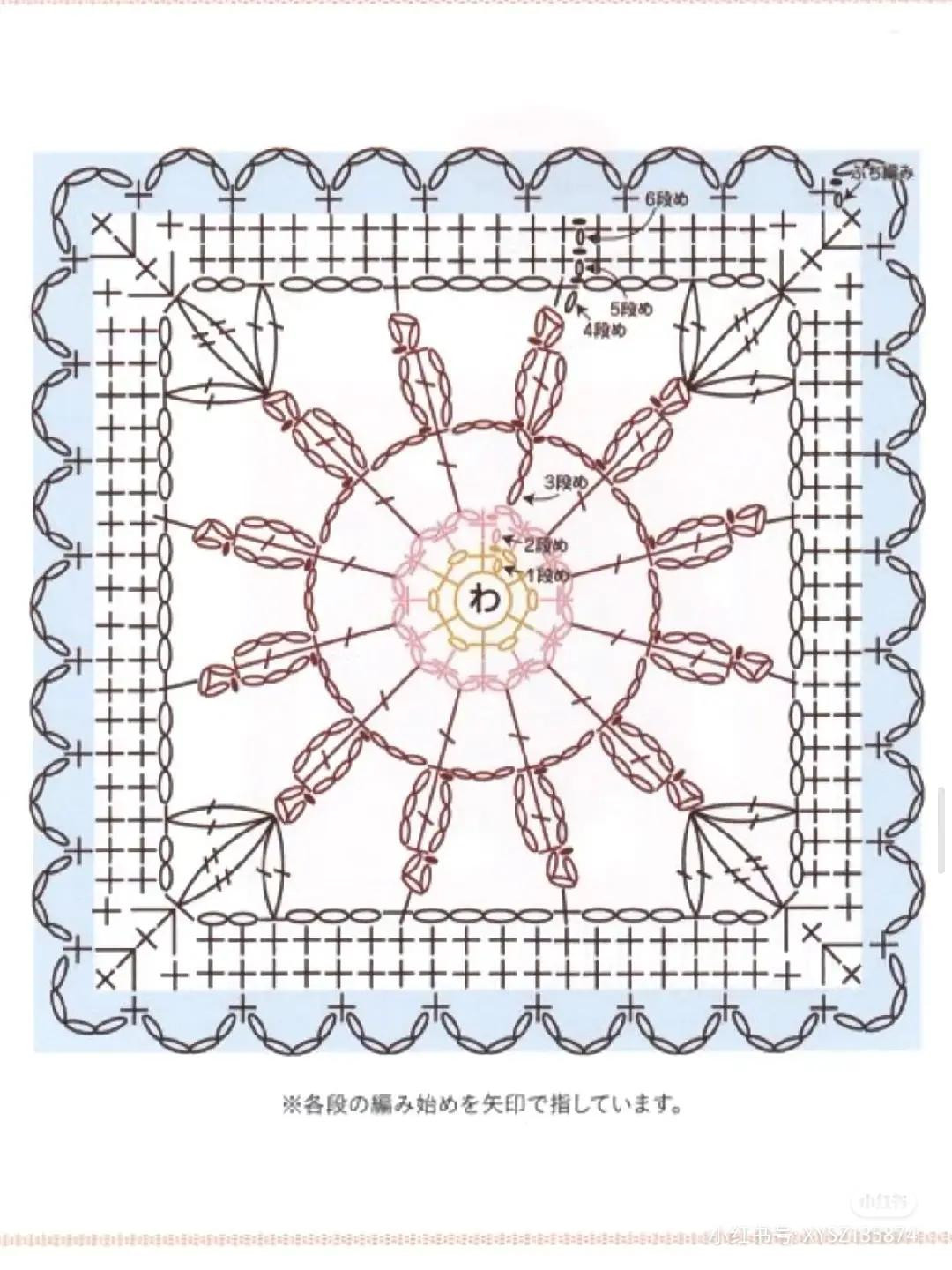 Crochet Granny Square Chart with Japanese Instructions and Colorful Finished Examples