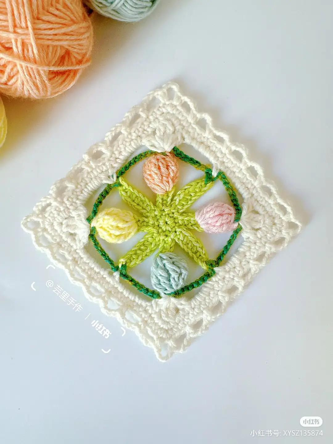 Crochet Granny Square Chart with Japanese Instructions and Colorful Finished Examples