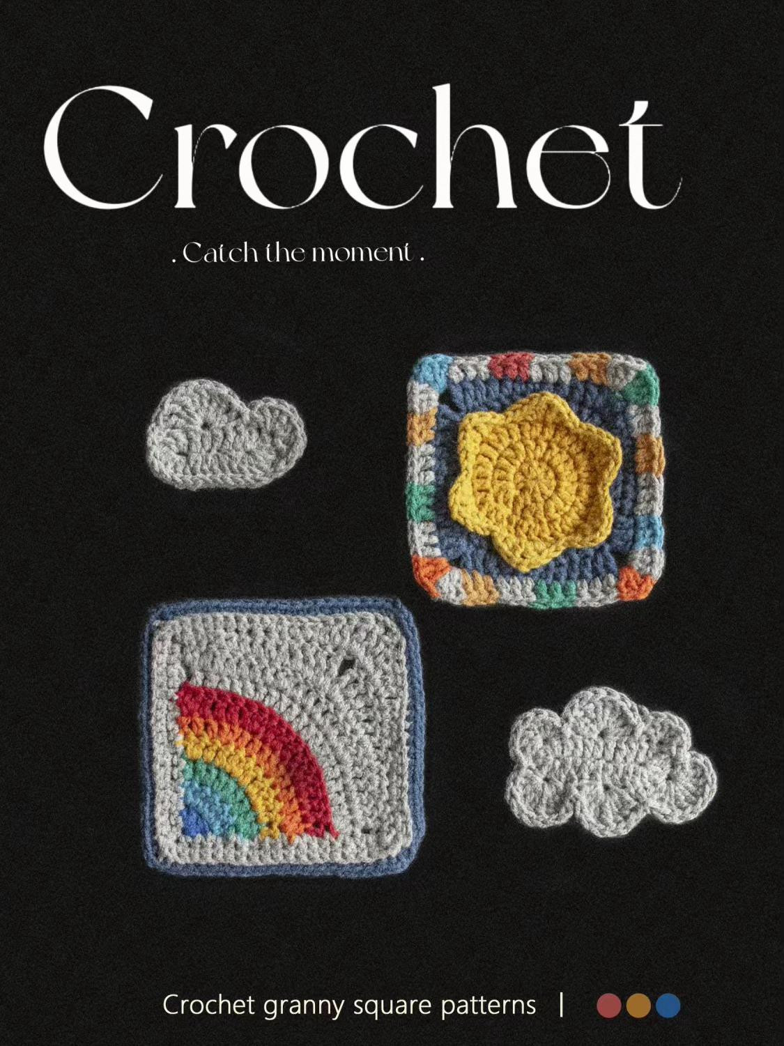 Crochet Granny Square Patterns: Rainbow, Flower, and Cloud Motifs with Flat Charts