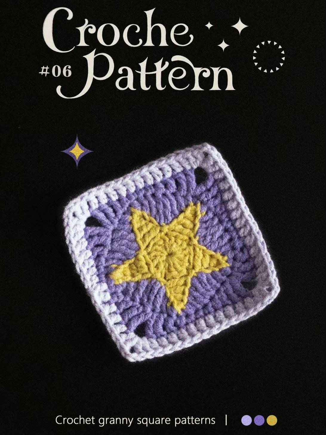 Crochet granny square patterns with moon, star and sun motifs in purple and yellow
