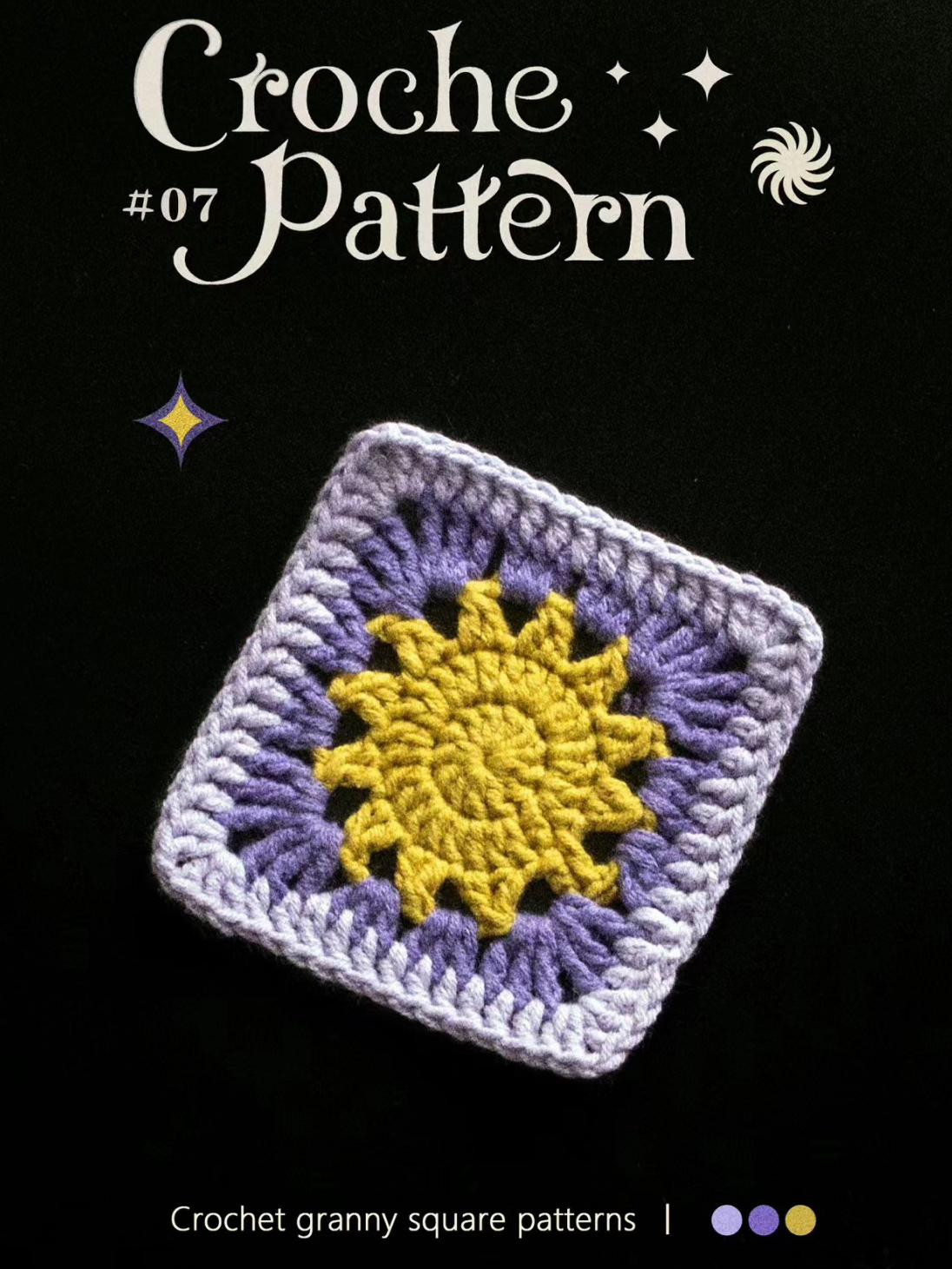 Crochet granny square patterns with moon, star and sun motifs in purple and yellow