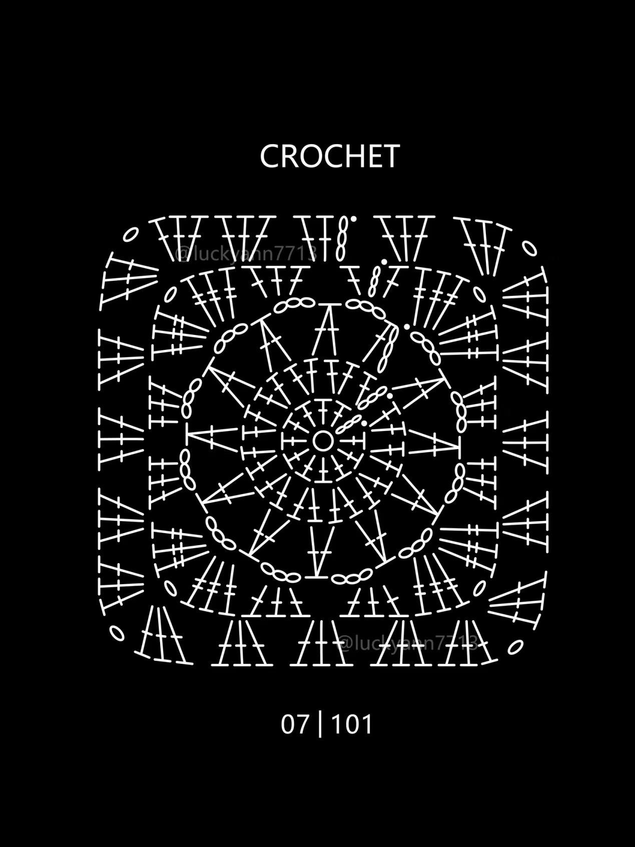 Crochet granny square patterns with moon, star and sun motifs in purple and yellow
