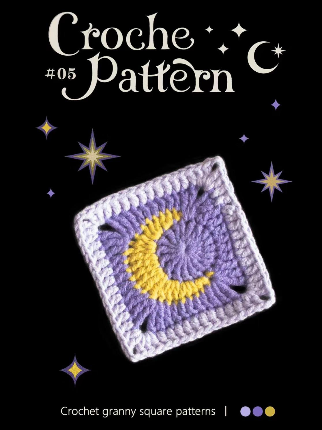 Crochet granny square patterns with moon, star and sun motifs in purple and yellow