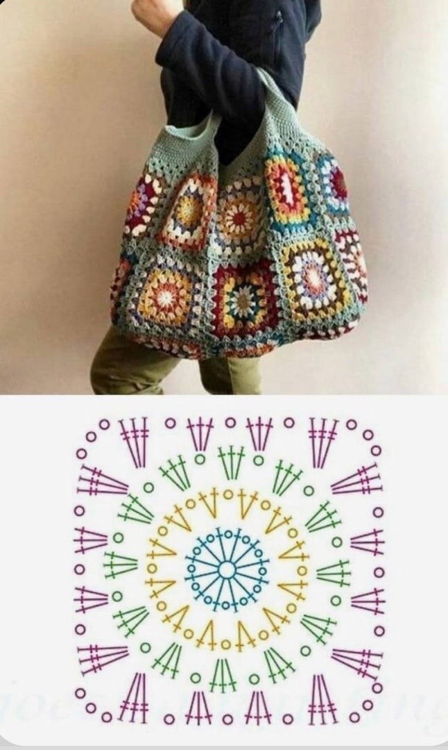 Crochet Granny Square Tote Bags Pattern with Colorful Motifs