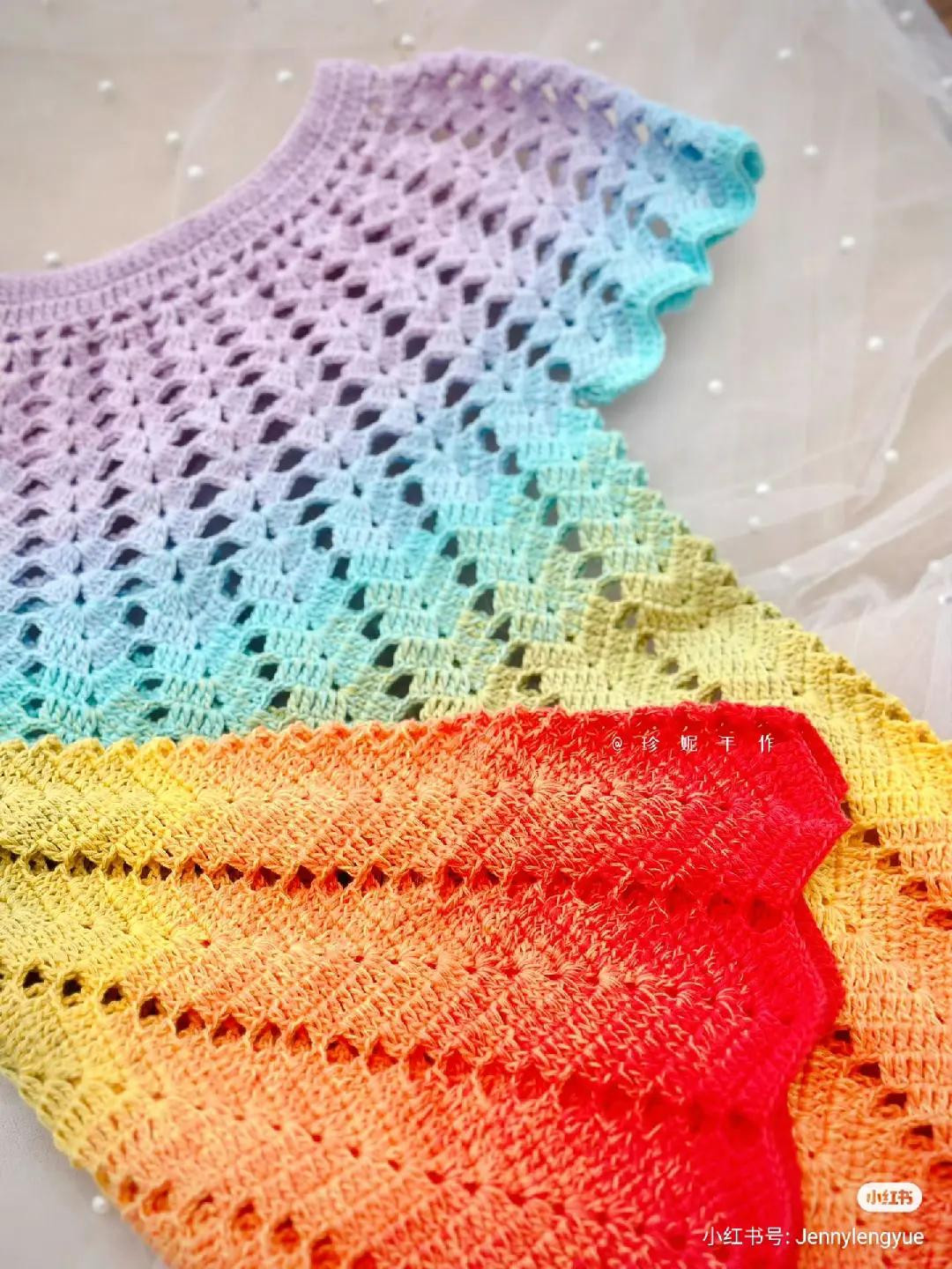 Crochet Grass Pattern Dress Chart for Kids Size M with Rainbow Gradient Yarn