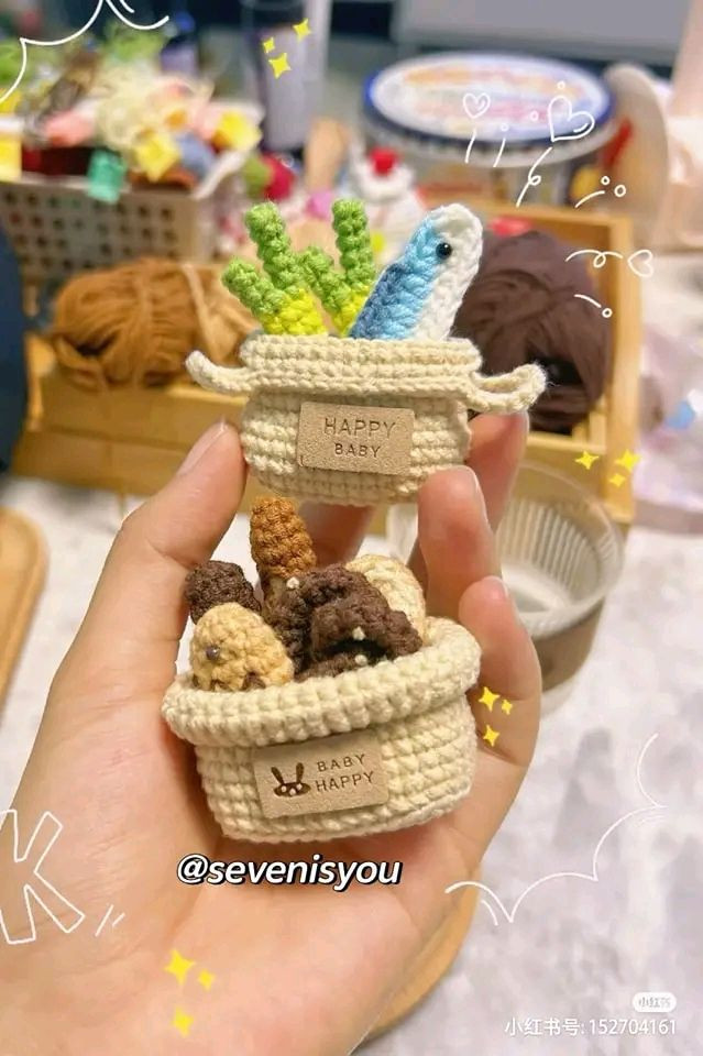 Crochet Grocery Bag with Mini Green Onions and Dried Fish