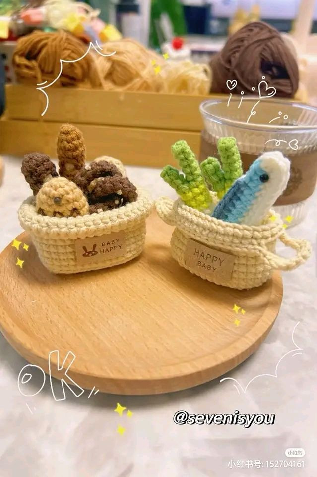 Crochet Grocery Bag with Mini Green Onions and Dried Fish