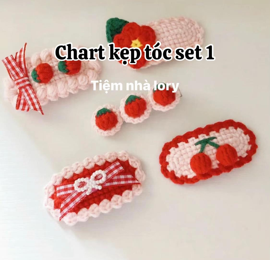 Crochet Hair Clip Chart Set: Strawberry, Cherry, Flower