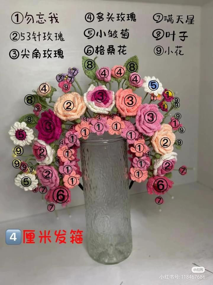 Crochet Hair Clip Flower Bouquet Patterns and Tutorial Chart
