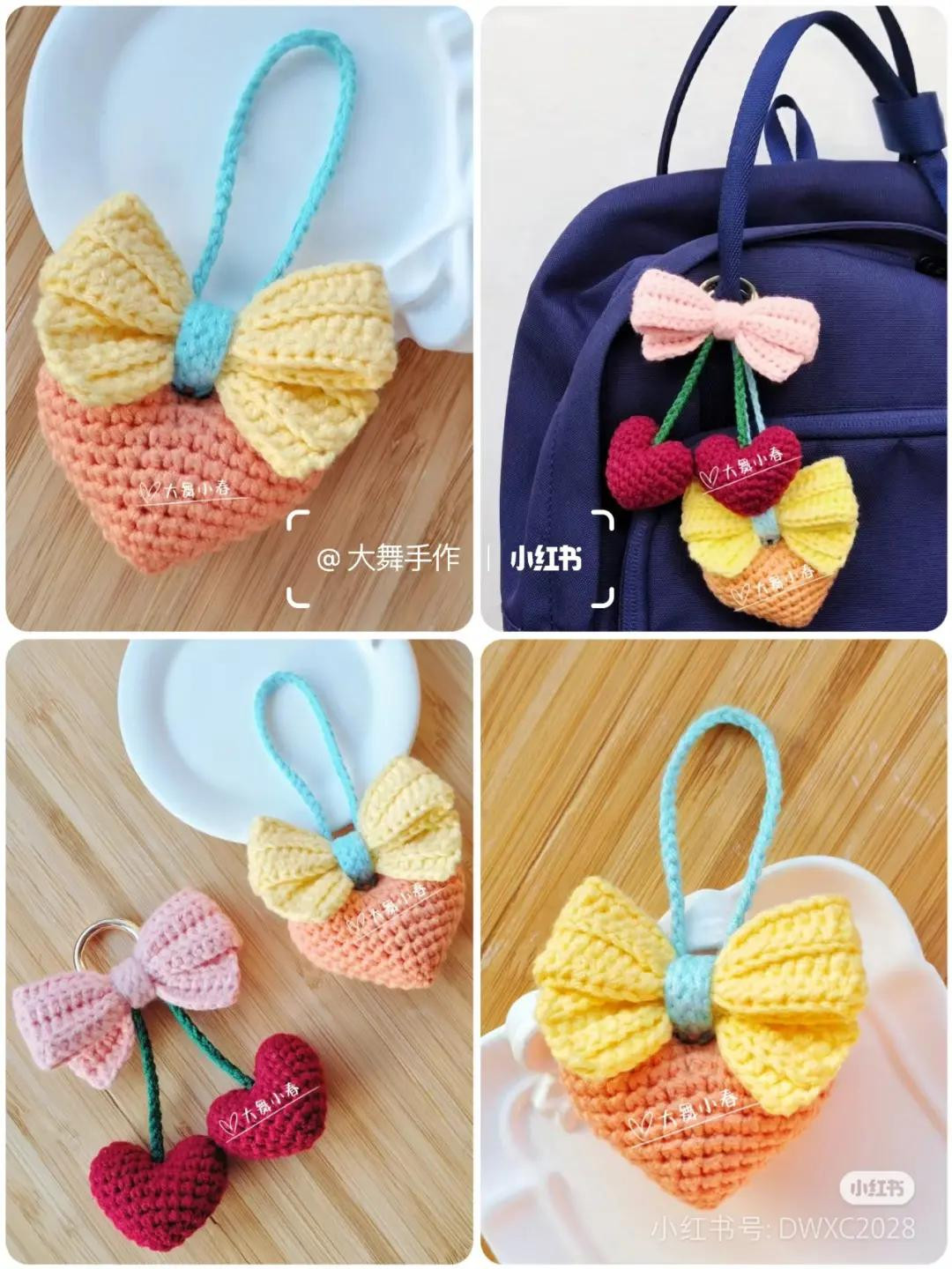 Crochet Heart Bow and Cherries Keychain Pattern Tutorial