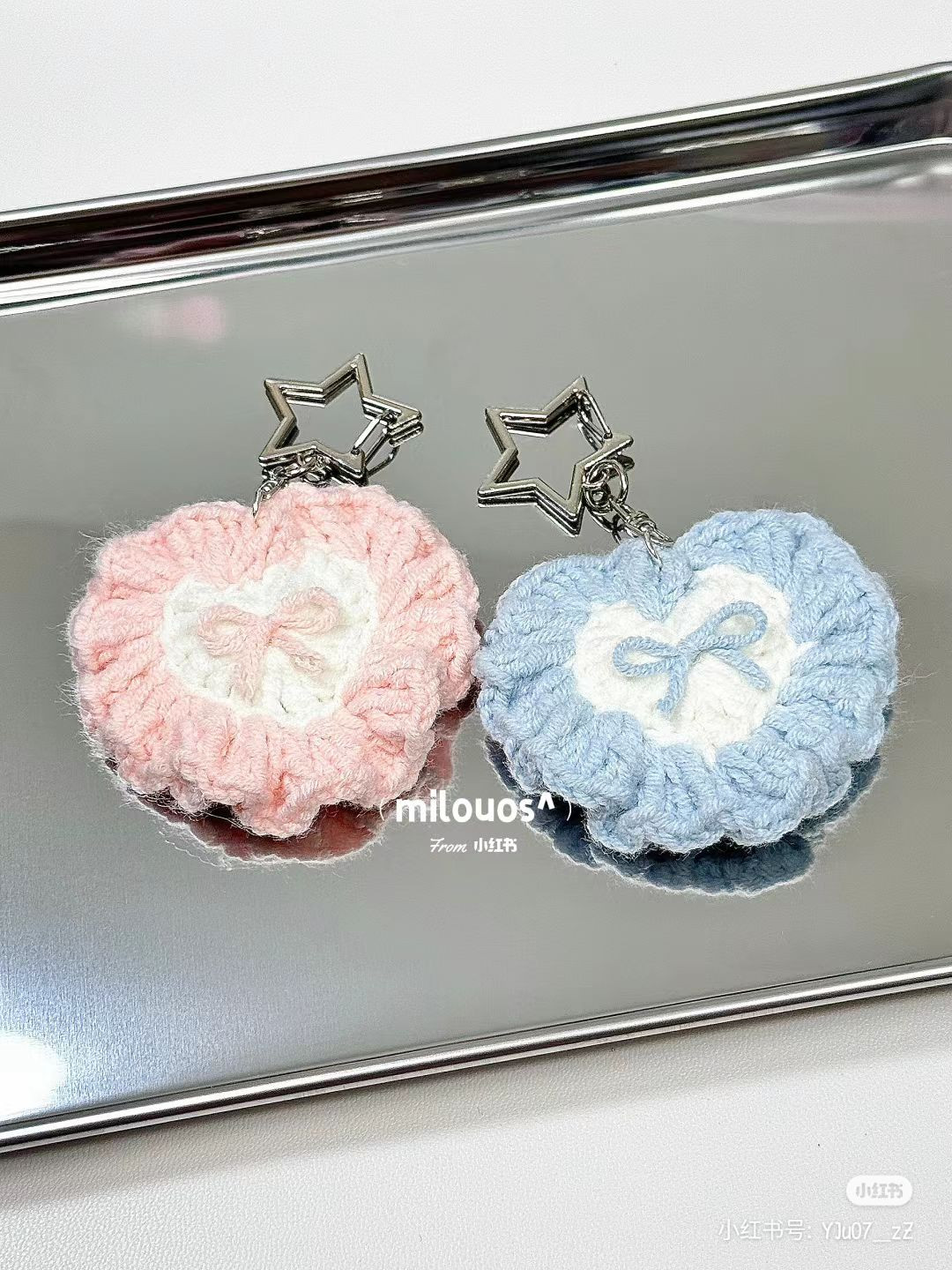 Crochet Heart Pillow Keychain Pattern: Pink & Blue with Star Clip