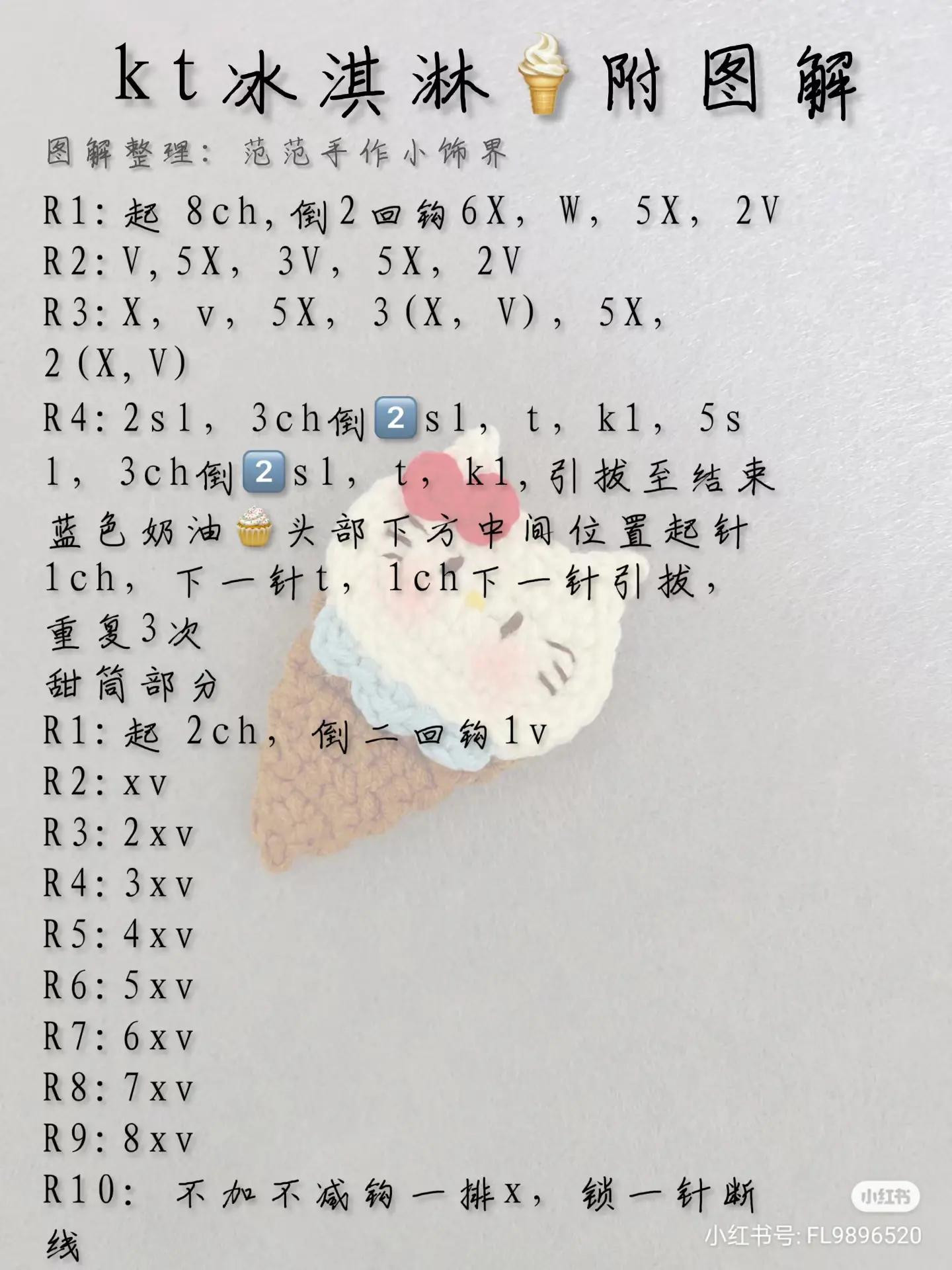 Crochet Hello Kitty Ice Cream Flat Chart Pattern with Instructions