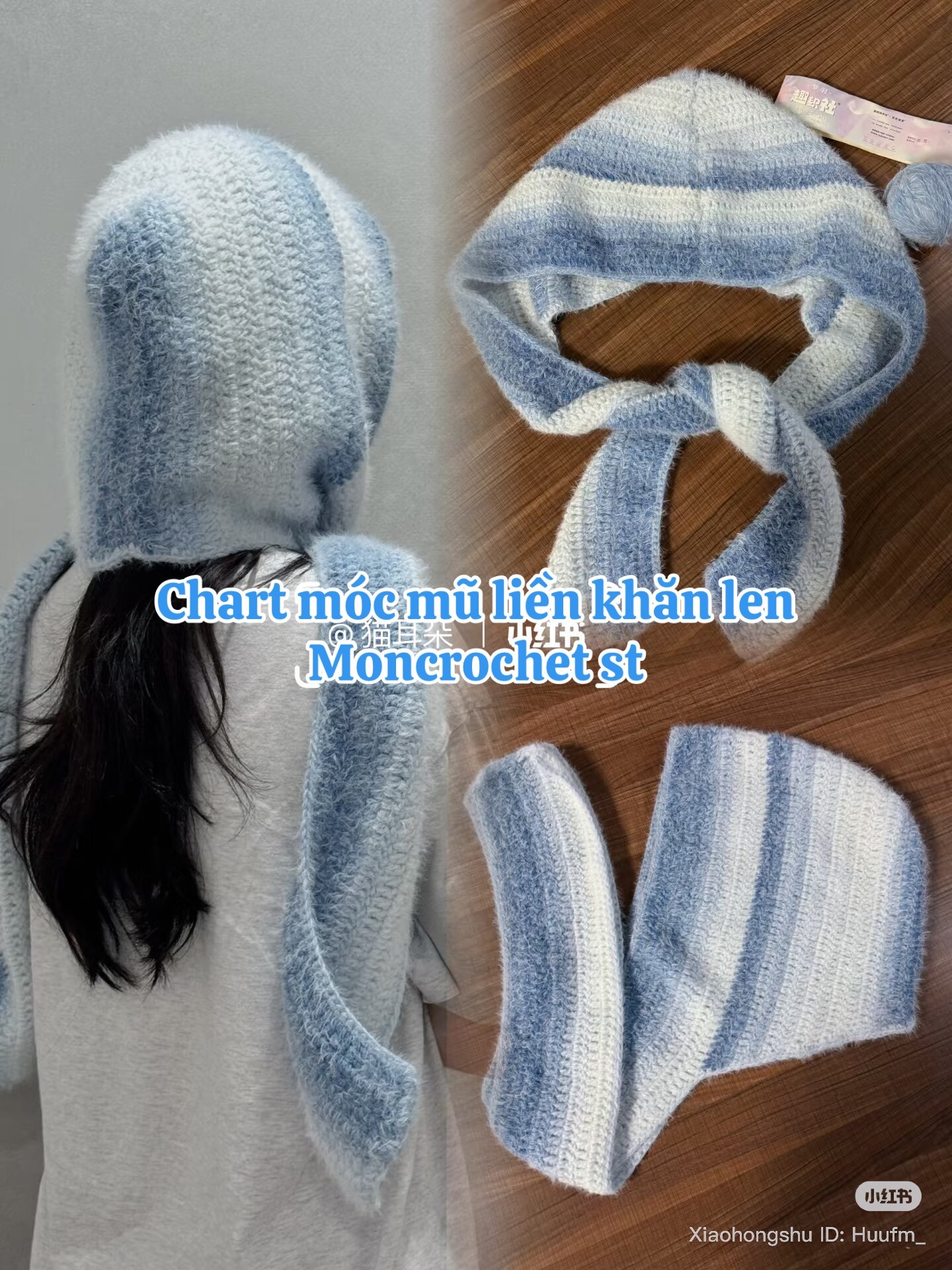 Crochet hooded scarf chart with blue and white stripes