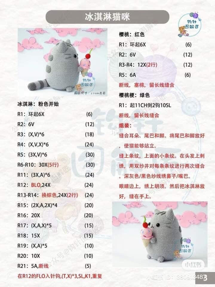 Crochet Ice Cream Cat Pattern Chart Tutorial