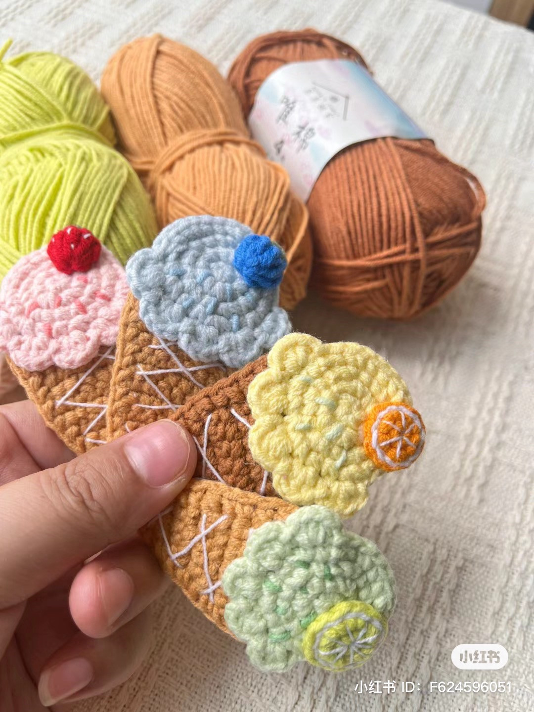 Crochet Ice Cream Cone Hair Clips Pattern with Strawberry, Lemon, and Orange Toppings