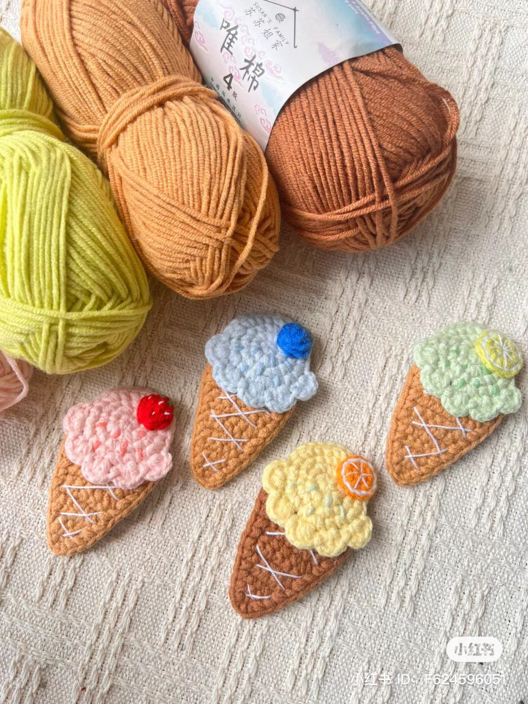 Crochet Ice Cream Cone Hair Clips Pattern with Strawberry, Lemon, and Orange Toppings