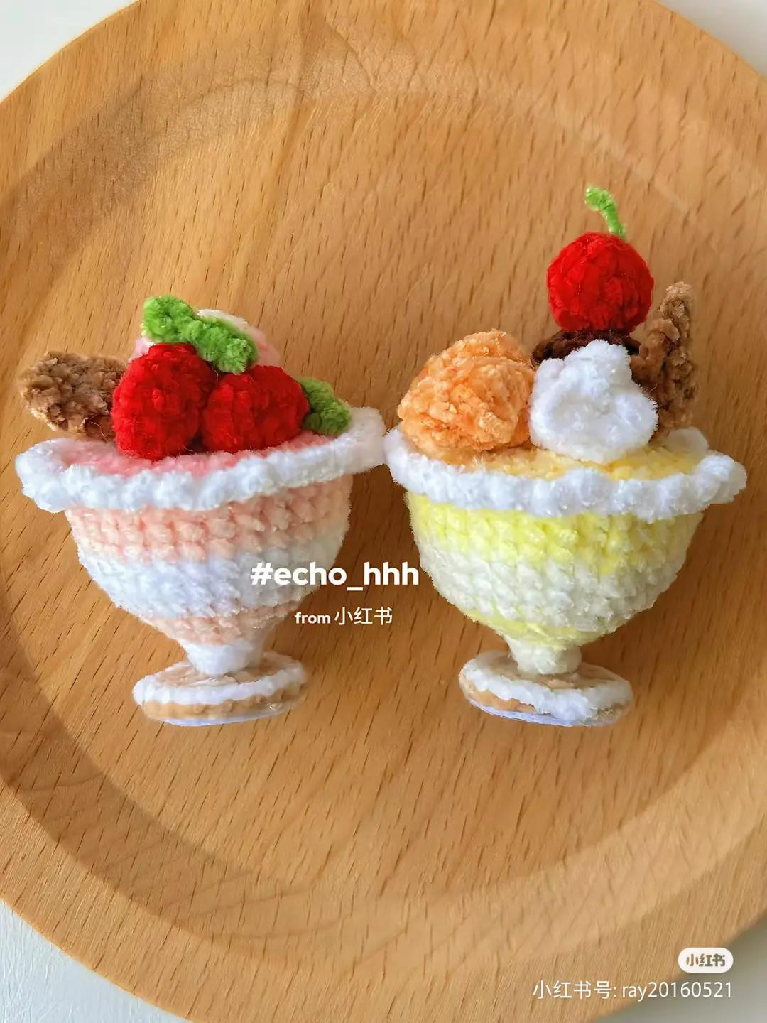 Crochet Ice Cream Mousse Cup Pattern with Strawberry and Cherry Toppings