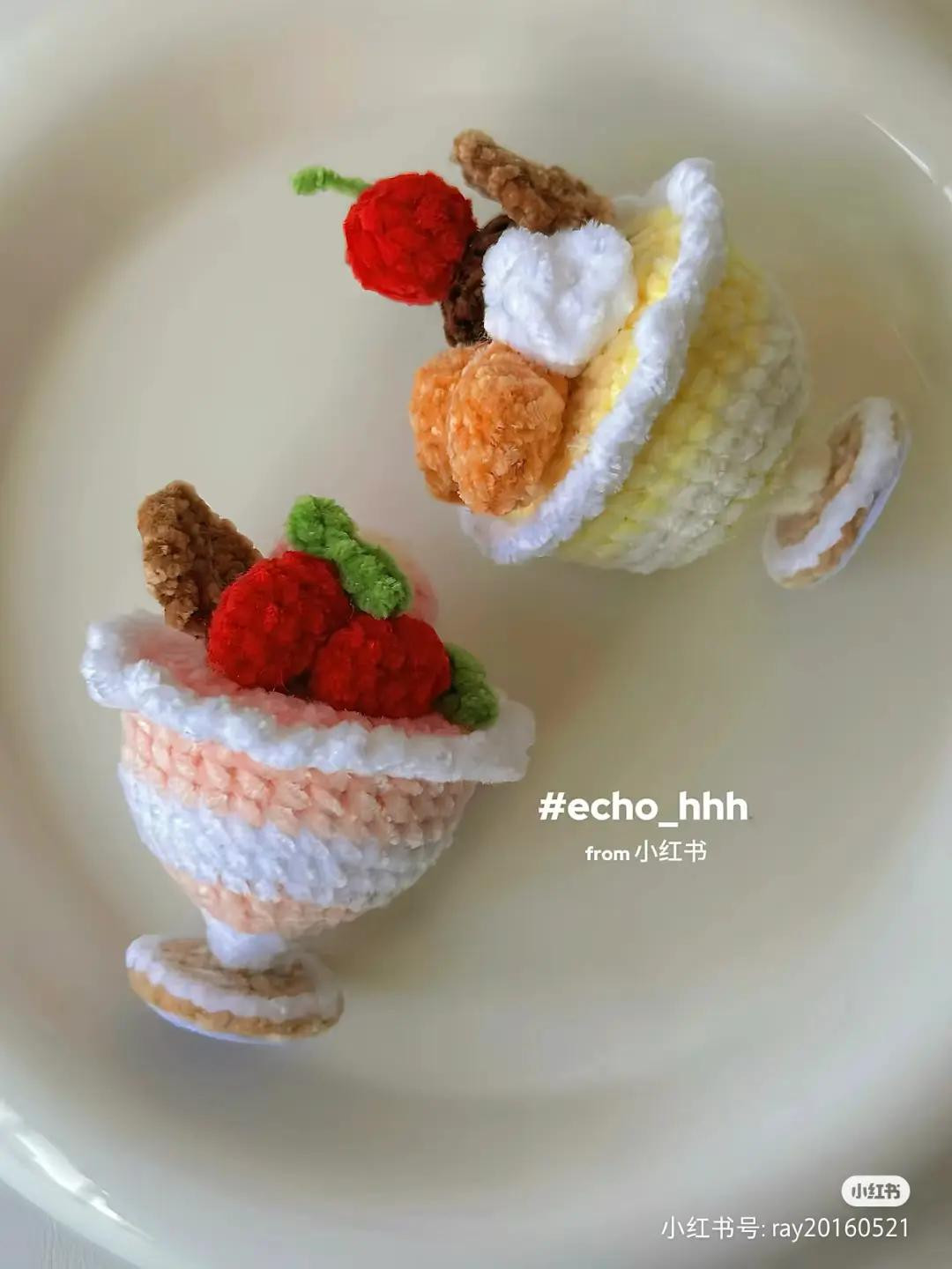 Crochet Ice Cream Mousse Cup Pattern with Strawberry and Cherry Toppings