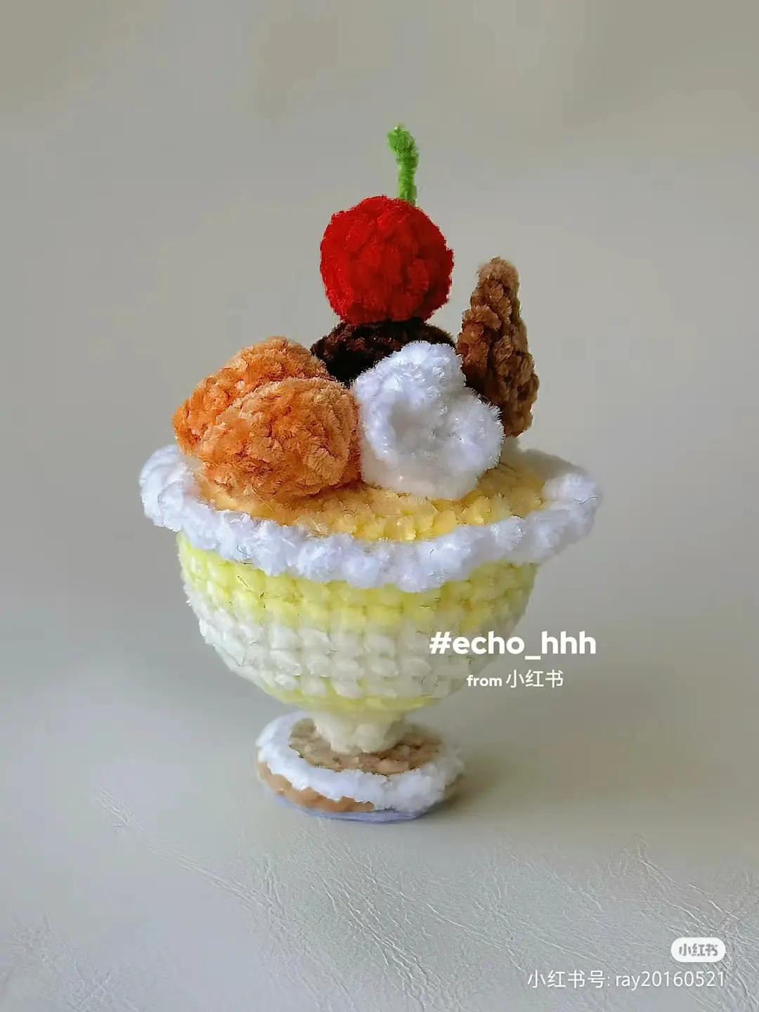 Crochet Ice Cream Mousse Cup Pattern with Strawberry and Cherry Toppings