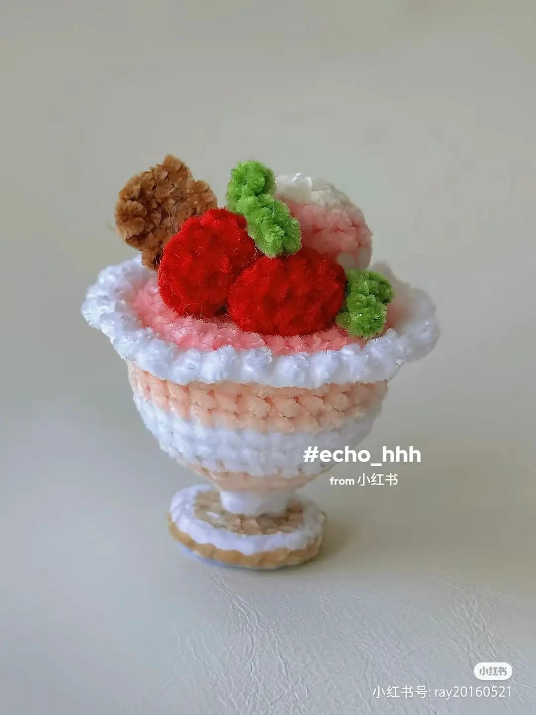 Crochet Ice Cream Mousse Cup Pattern with Strawberry and Cherry Toppings