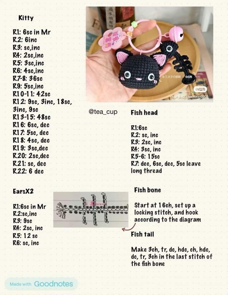 Crochet Kitty and Fish Bone Keychain Pattern