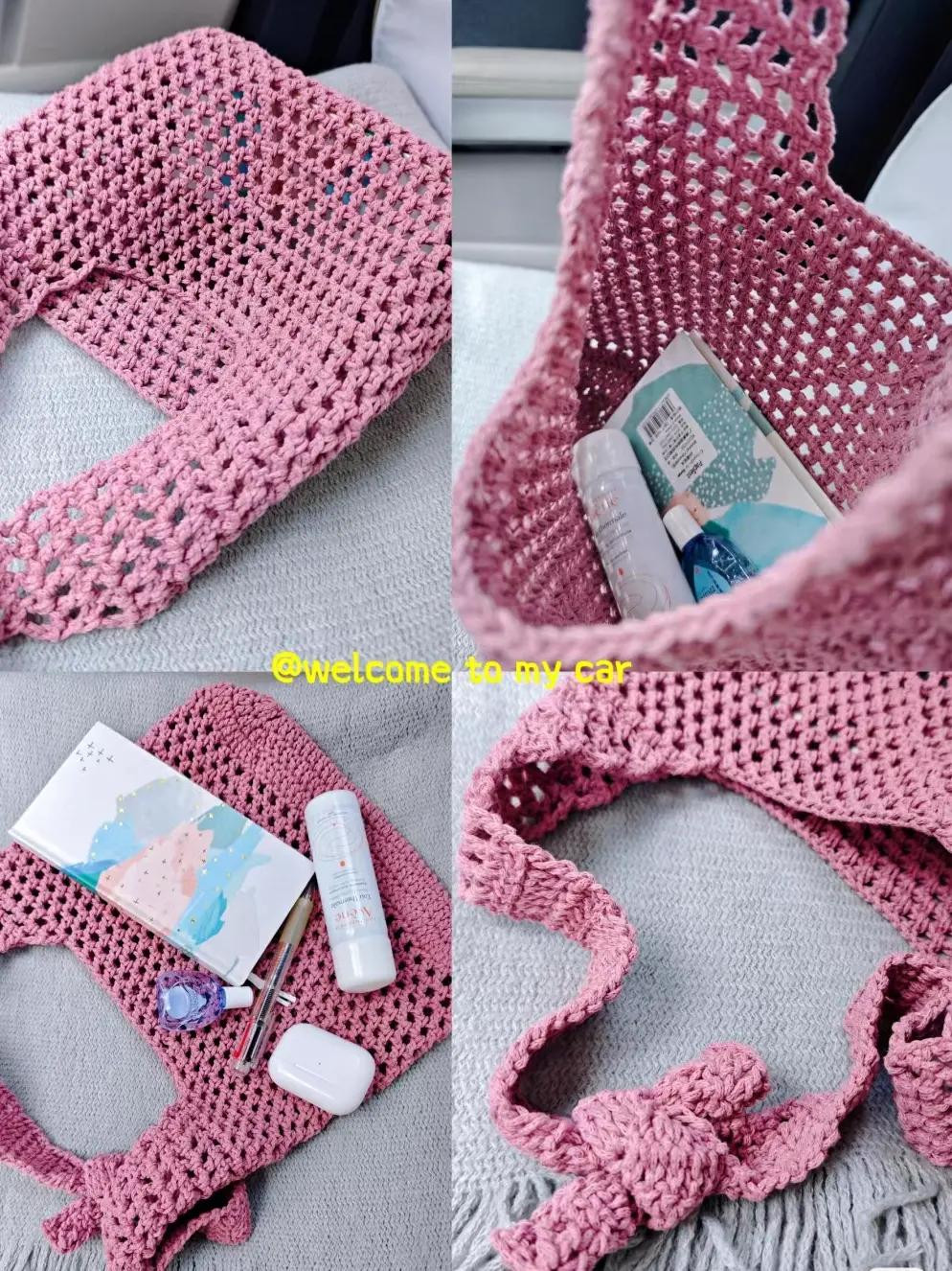 Crochet Knot Bag Pattern Chart: Pink Handmade Tote with Bow and Open Stitch Design