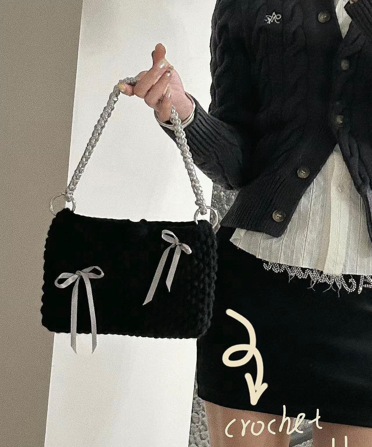 Crochet Lace Bag Pattern with Silver Chain and Ribbon