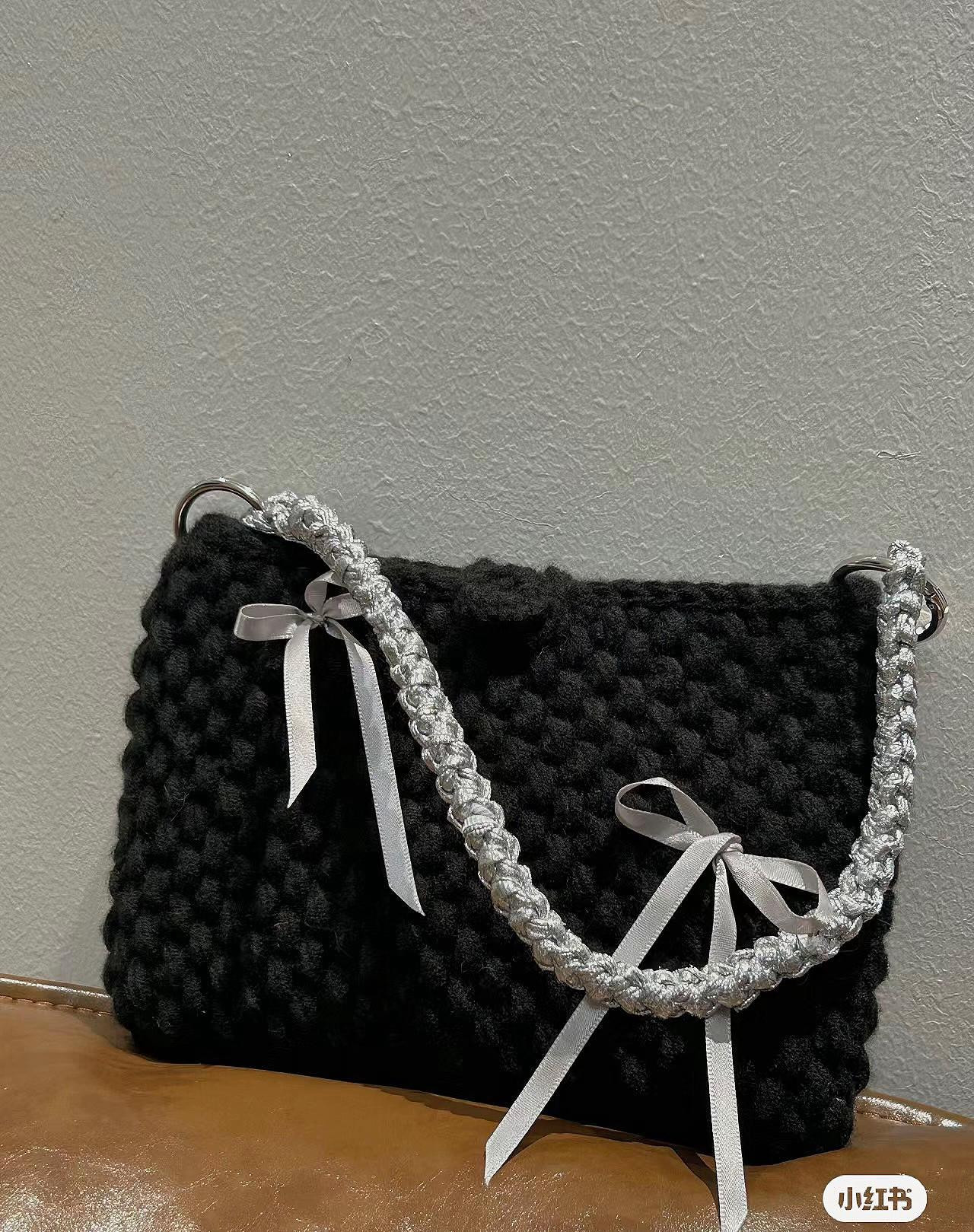 Crochet Lace Bag Pattern with Silver Chain and Ribbon