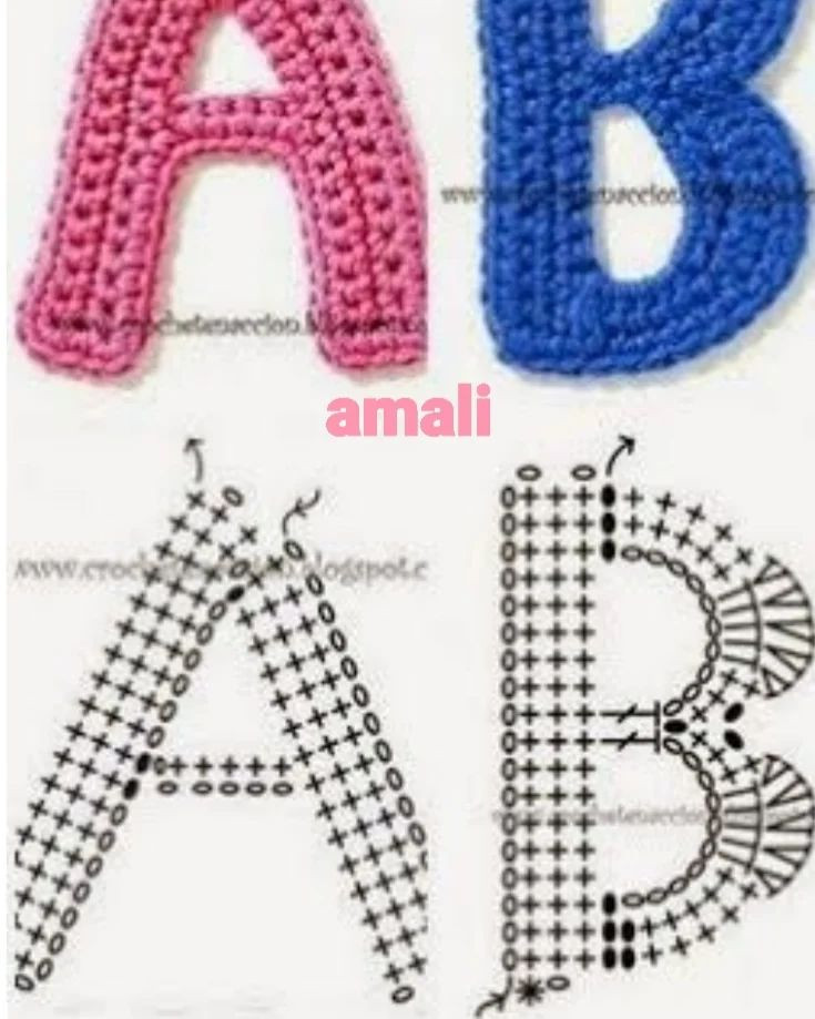 Crochet Letter A Pattern Chart and Finished Examples in Pink and Red Yarn