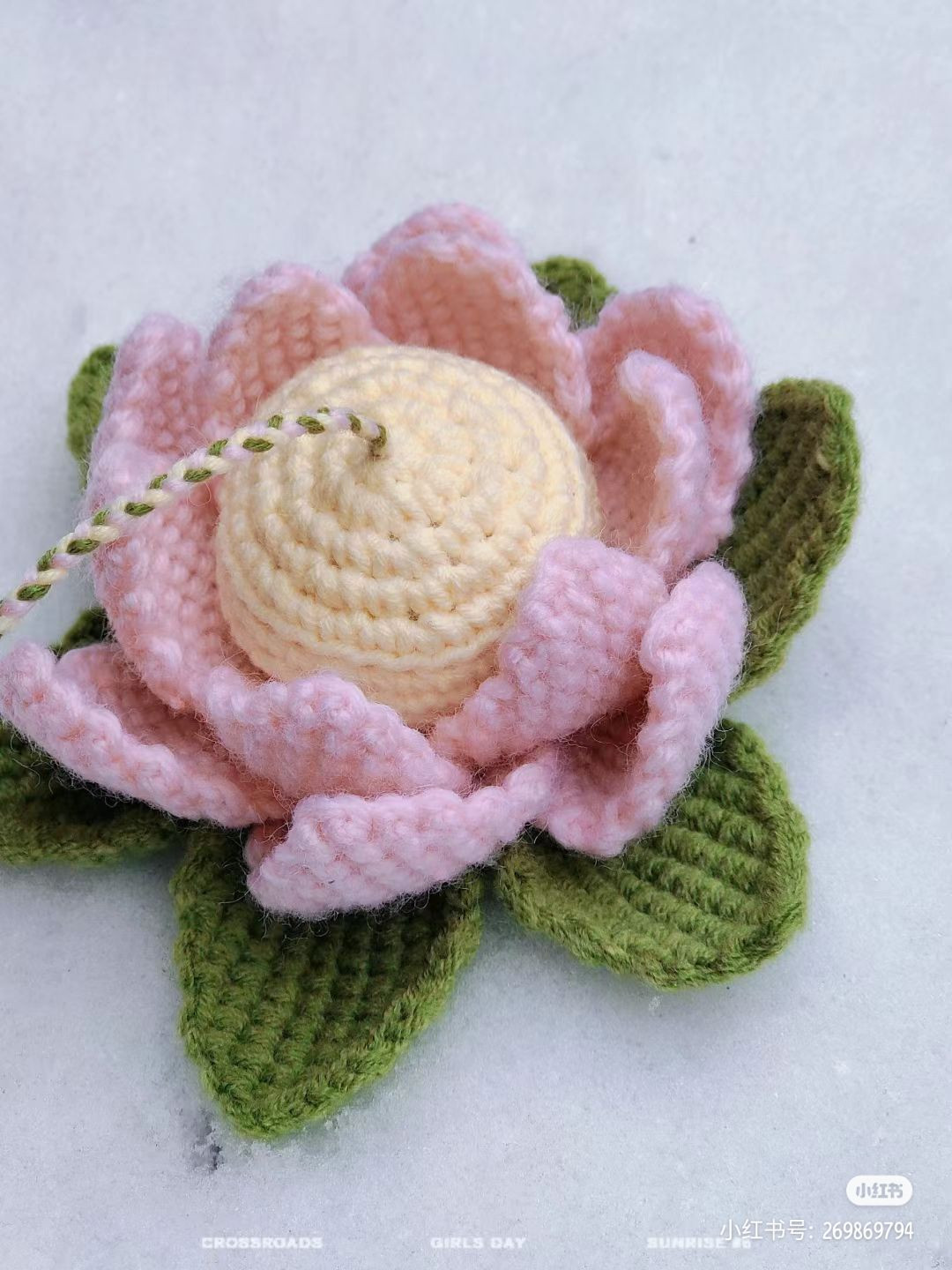 Crochet Lotus Flower Pattern: Pink Petals, Yellow Center & Green Leaves