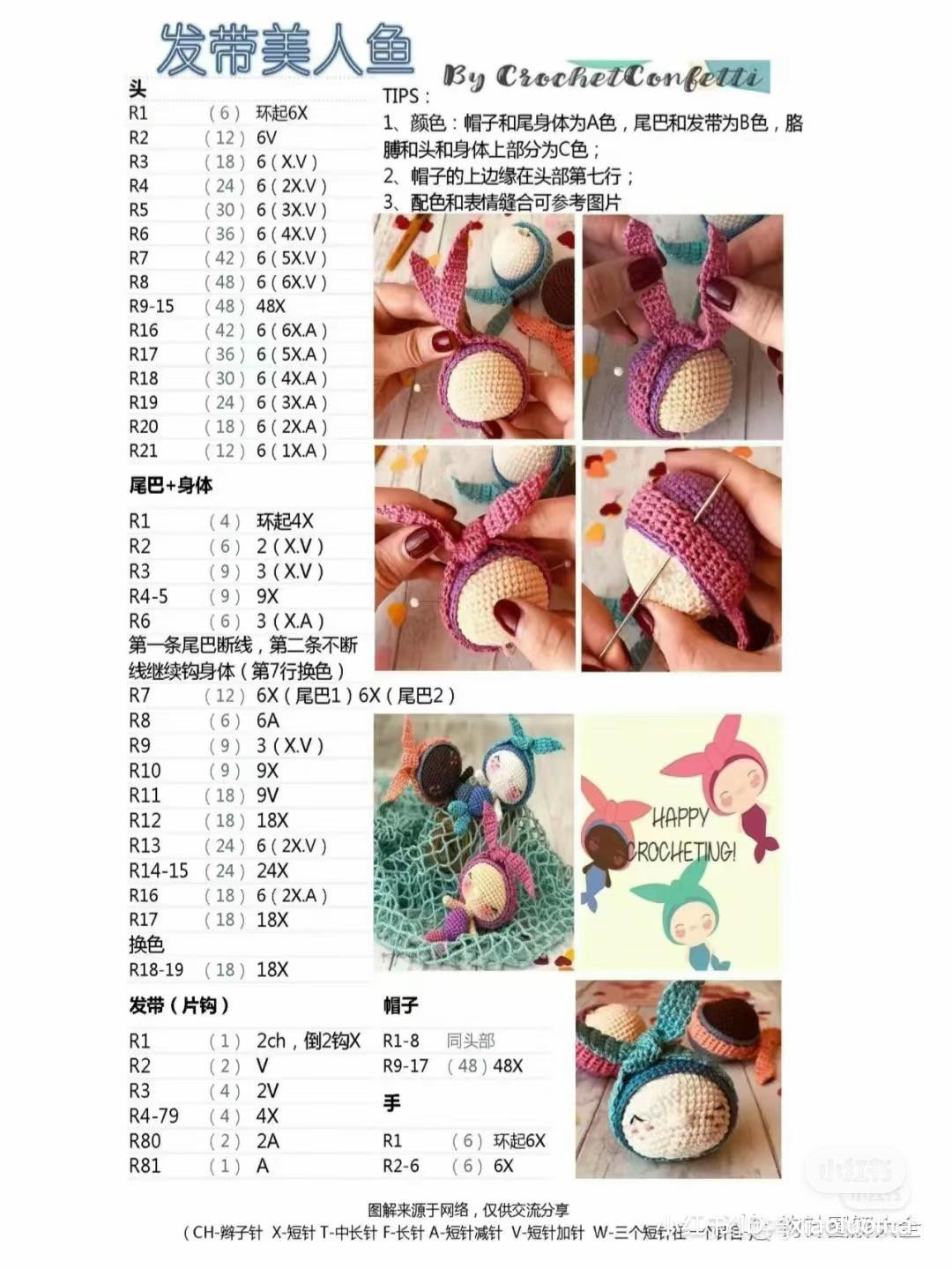 Crochet Mermaid Doll with Ribbon Headband Pattern Chart