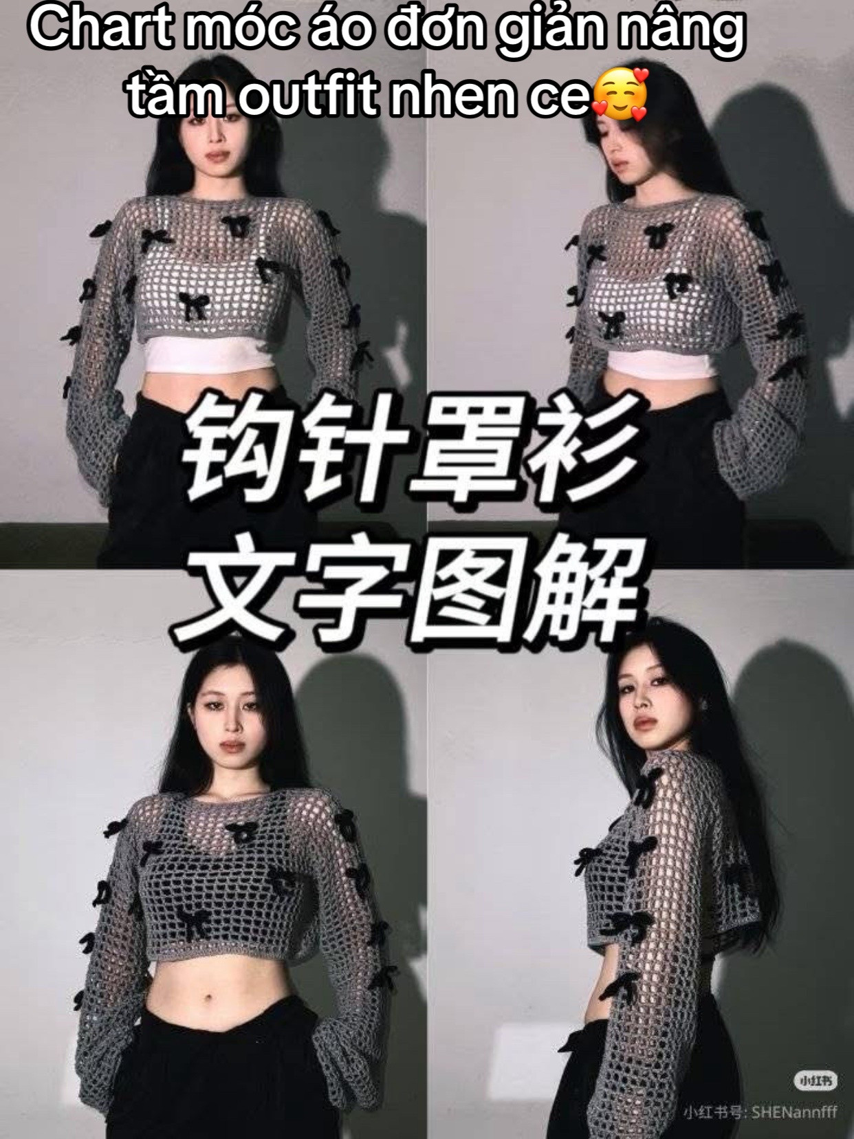 Crochet mesh crop top with black bows pattern