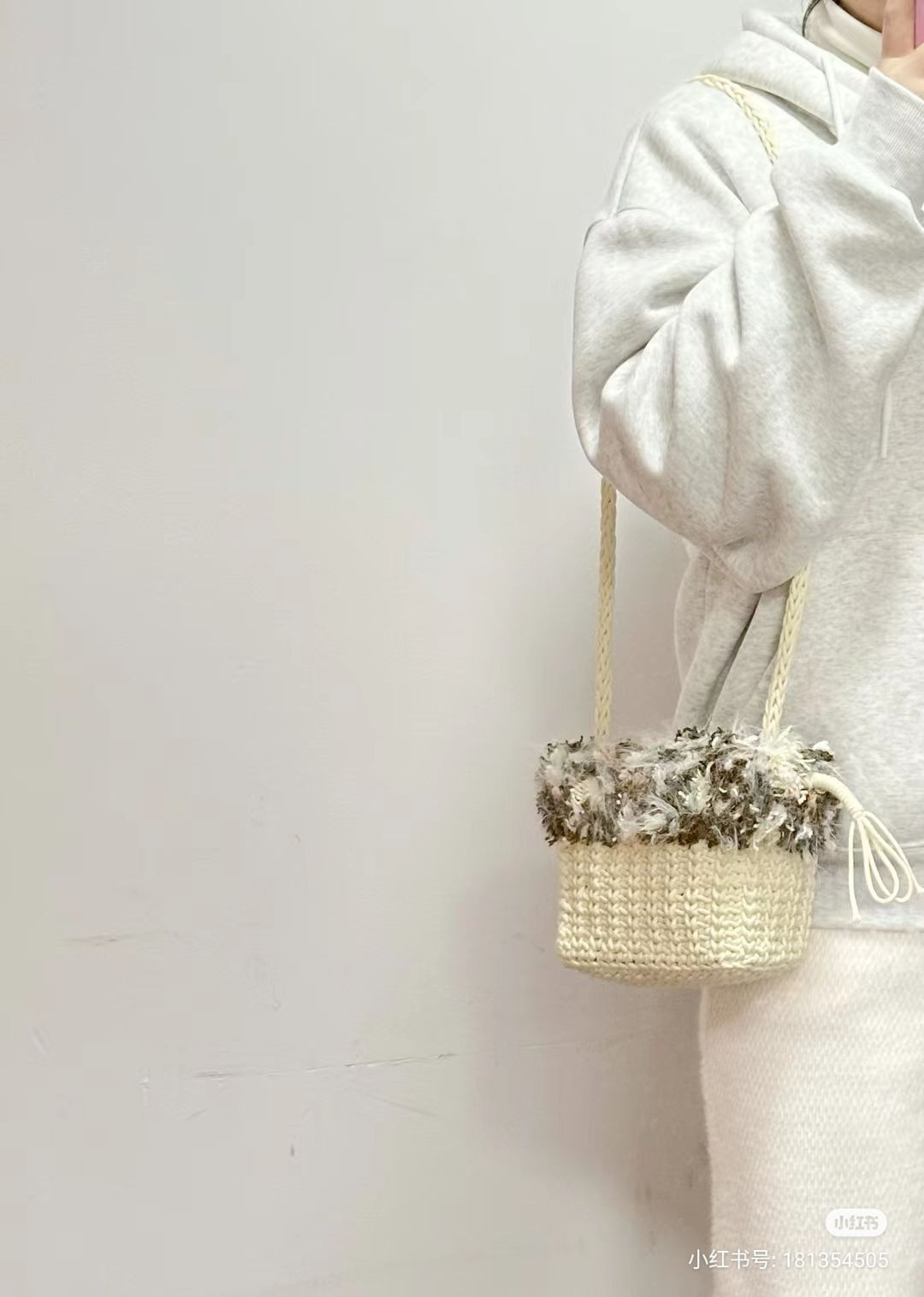 Crochet Mini Bucket Bag Pattern with Fuzzy Trim and Drawstring