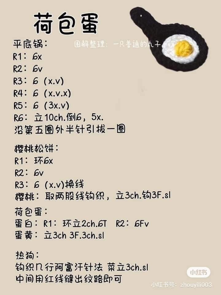 Crochet Mini Food Pattern: Frying Pan, Fried Egg, and Sausage