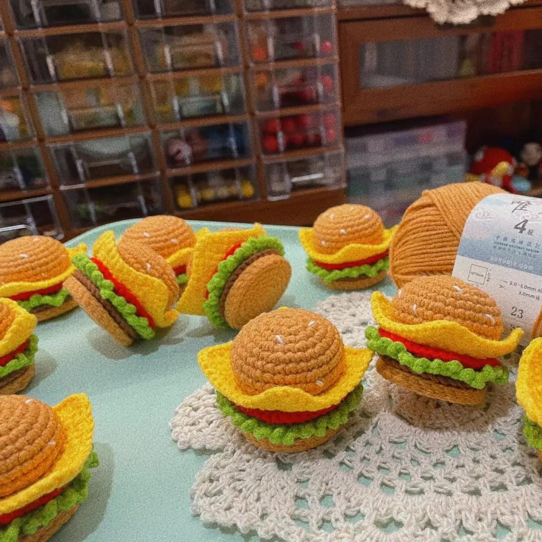 Crochet Mini Hamburger Amigurumi Tutorial Chart with Bread, Beef, Tomato and Cheese Instructions
