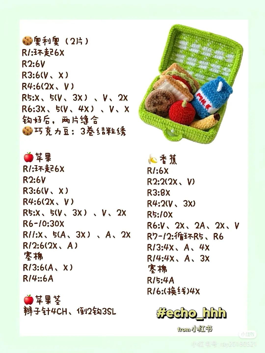 Crochet Mini Picnic Lunch Box Set Pattern with Sandwich, Milk, and Fruits