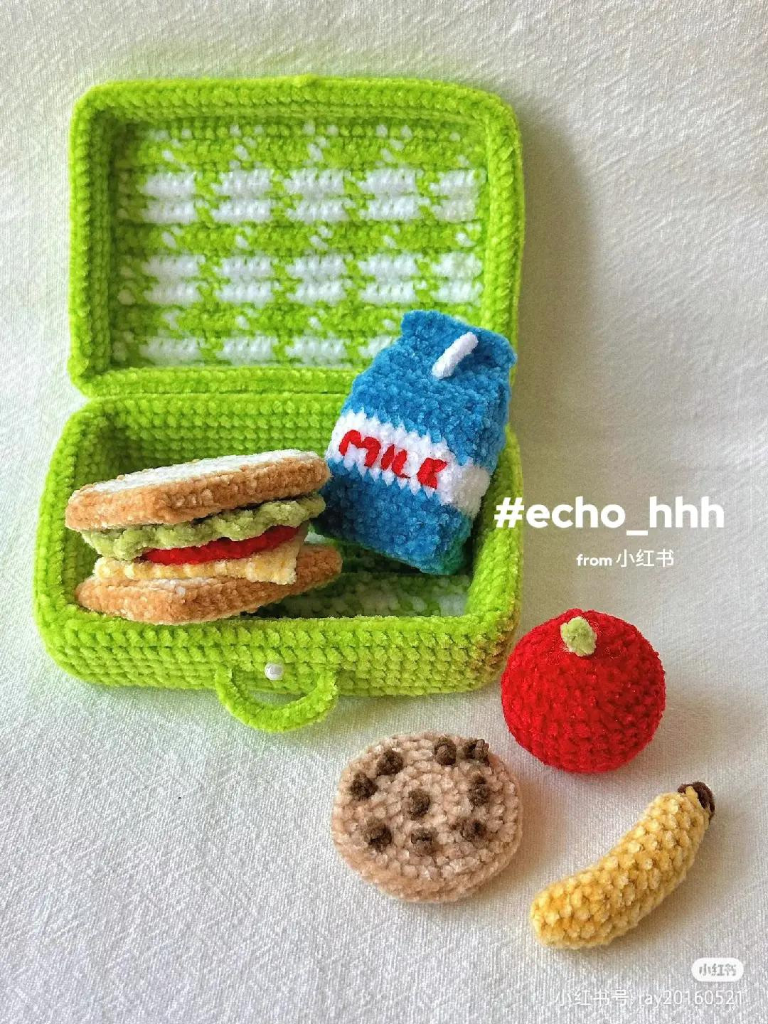 Crochet Mini Picnic Lunch Box Set Pattern with Sandwich, Milk, and Fruits