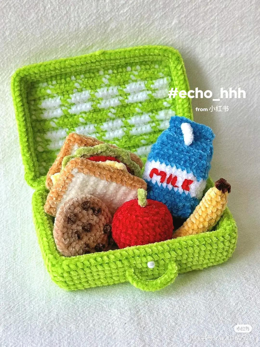 Crochet Mini Picnic Lunch Box Set Pattern with Sandwich, Milk, and Fruits