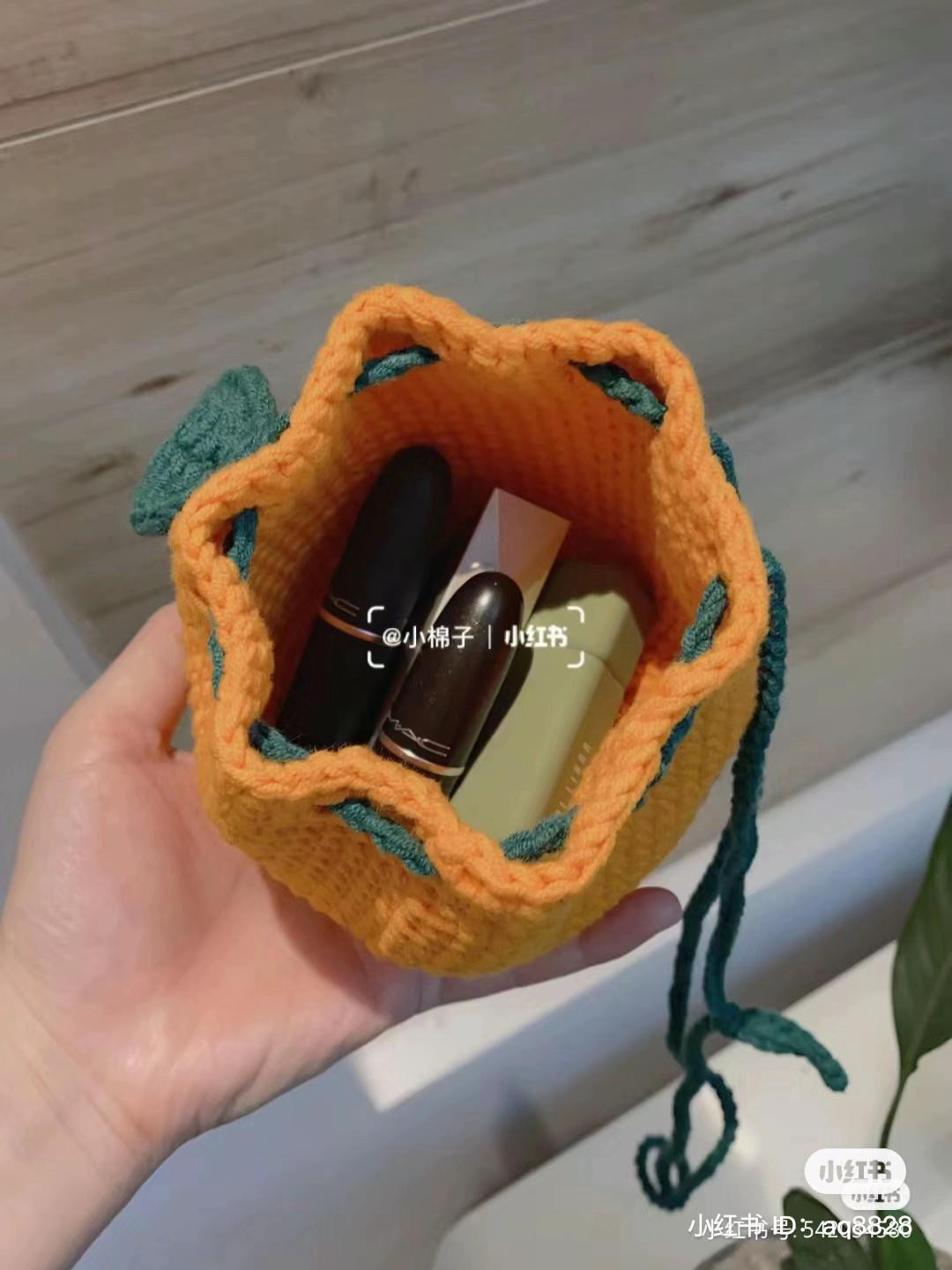 Crochet Orange Bag Pattern with Green Leaf and Drawstring