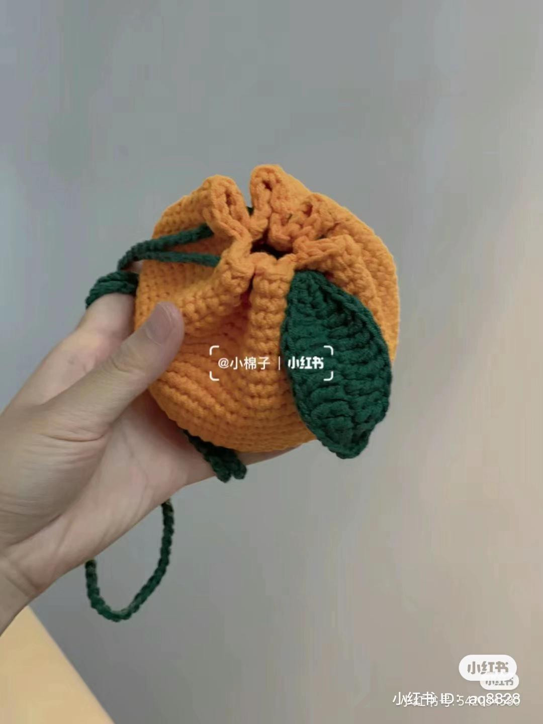 Crochet Orange Bag Pattern with Green Leaf and Drawstring