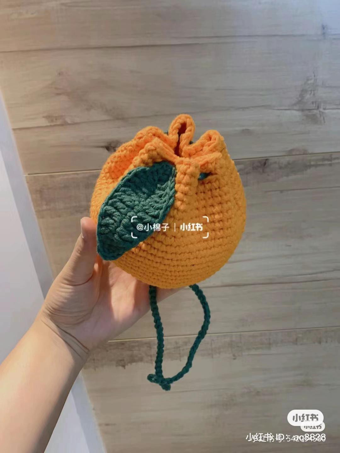 Crochet Orange Bag Pattern with Green Leaf and Drawstring